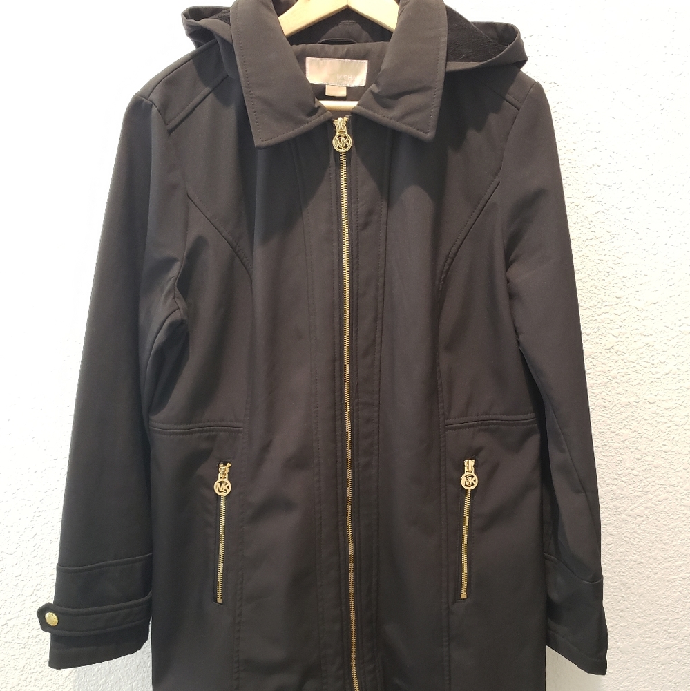 Michael Kors Womens Black Long Sleeve Zip Pockets Parka Hooded Jacket Size L